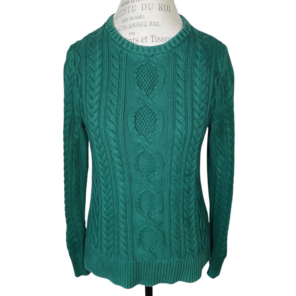 LL Bean Cable Knit Sweater Women Medium Emerald Green Fisherman Organic Cotton